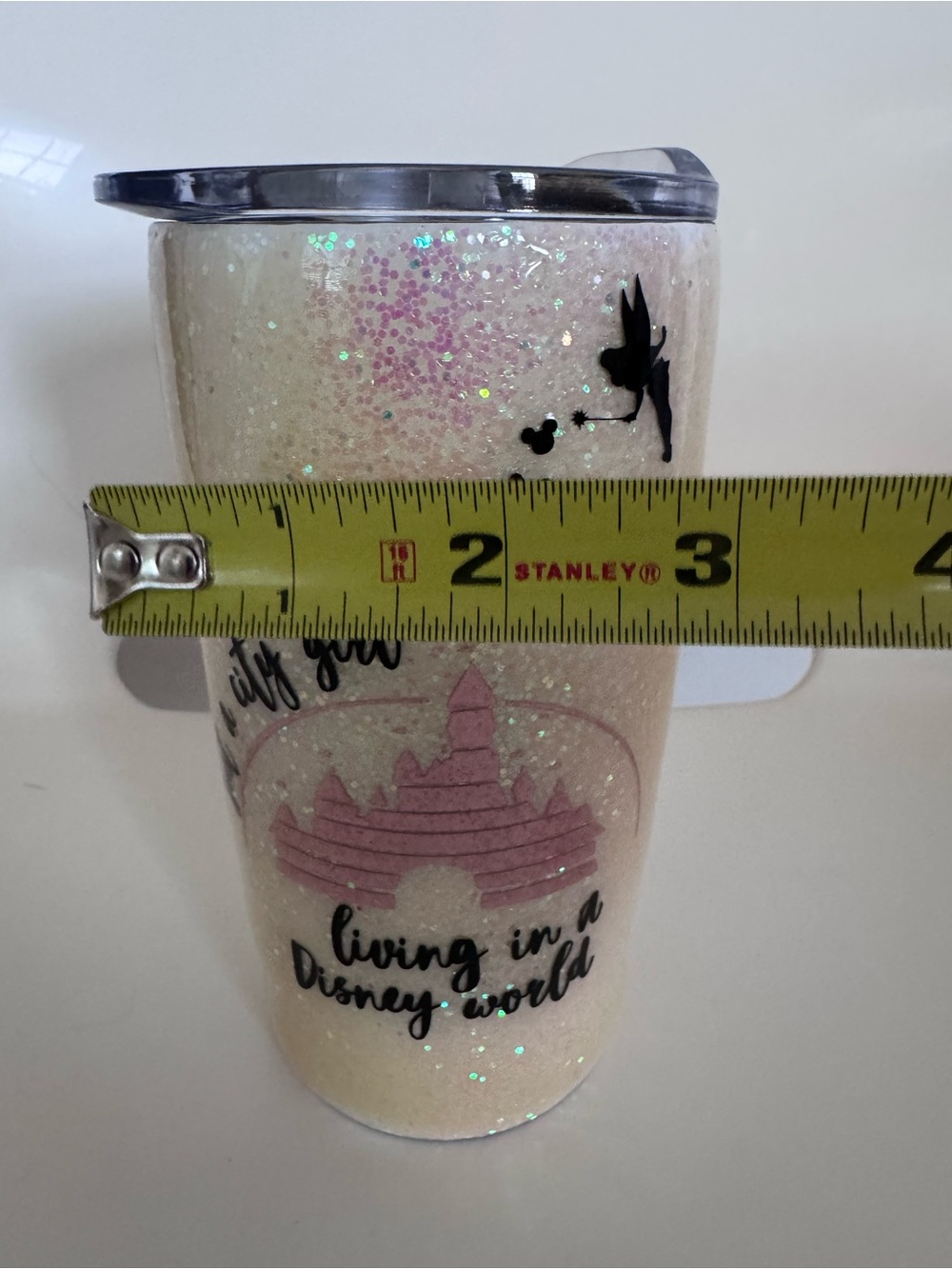 Disney Inspired Cream Glitter Tumbler 20 oz Pink Castle Tinkerbell Travel Cup - Picture 8 of 10